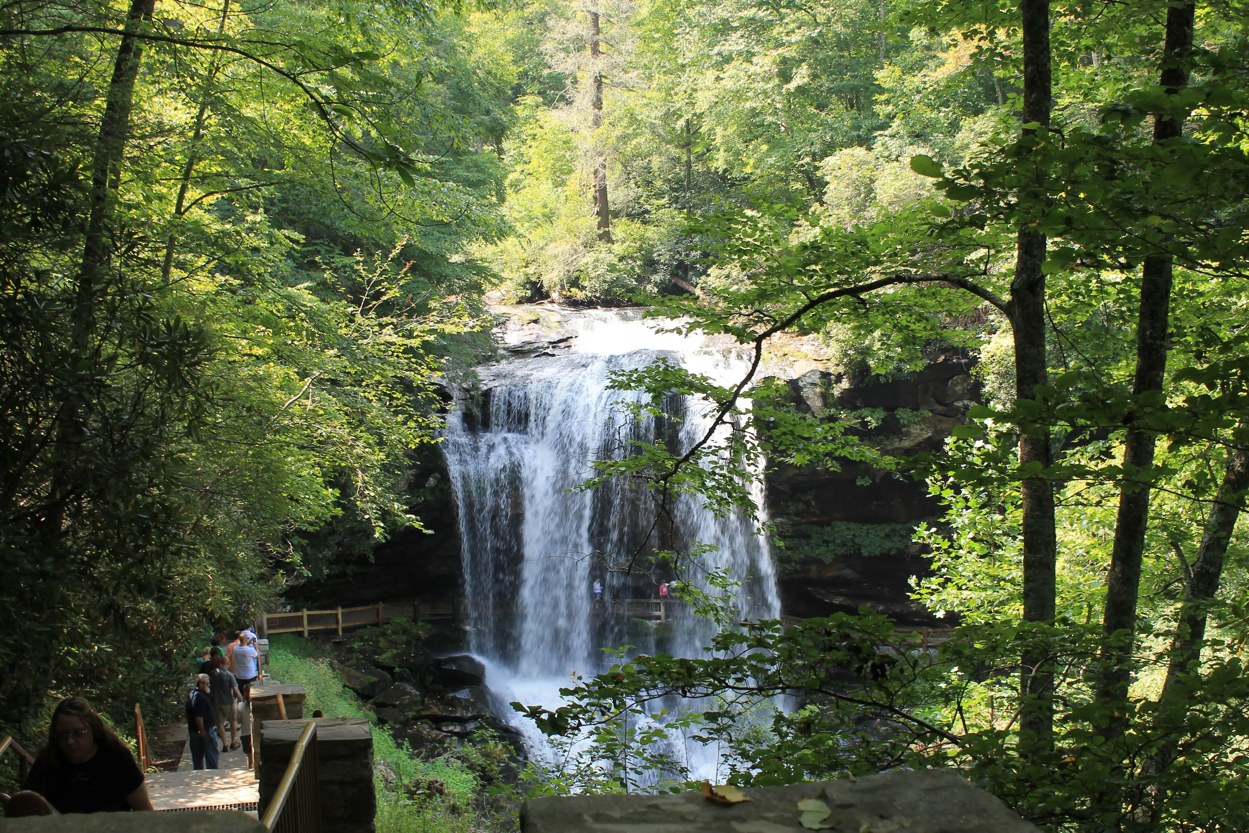 A waterfall in the forest and a walkway going underneath the waterfall