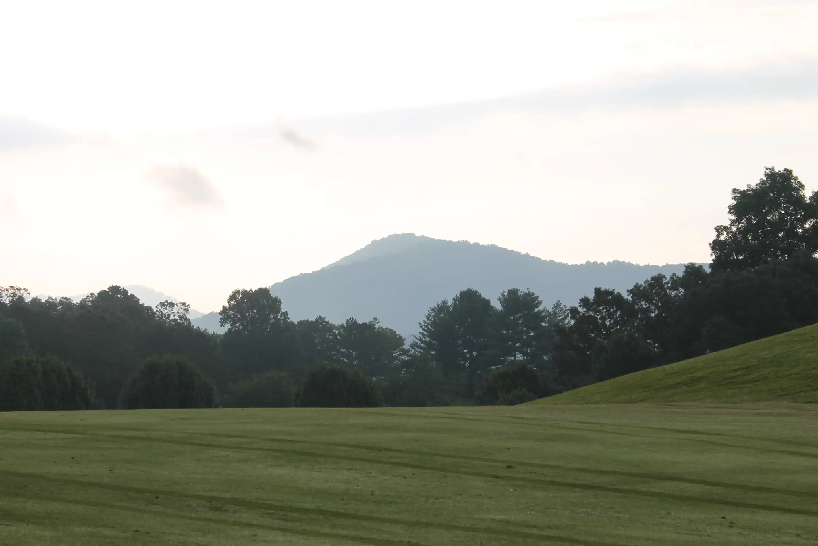 Forest covered mountains beyond a closely trimmed field of grass