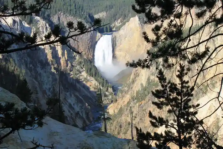 A canyon surrounded by pine trees containing a large waterfall with a swift moving river at the bottom