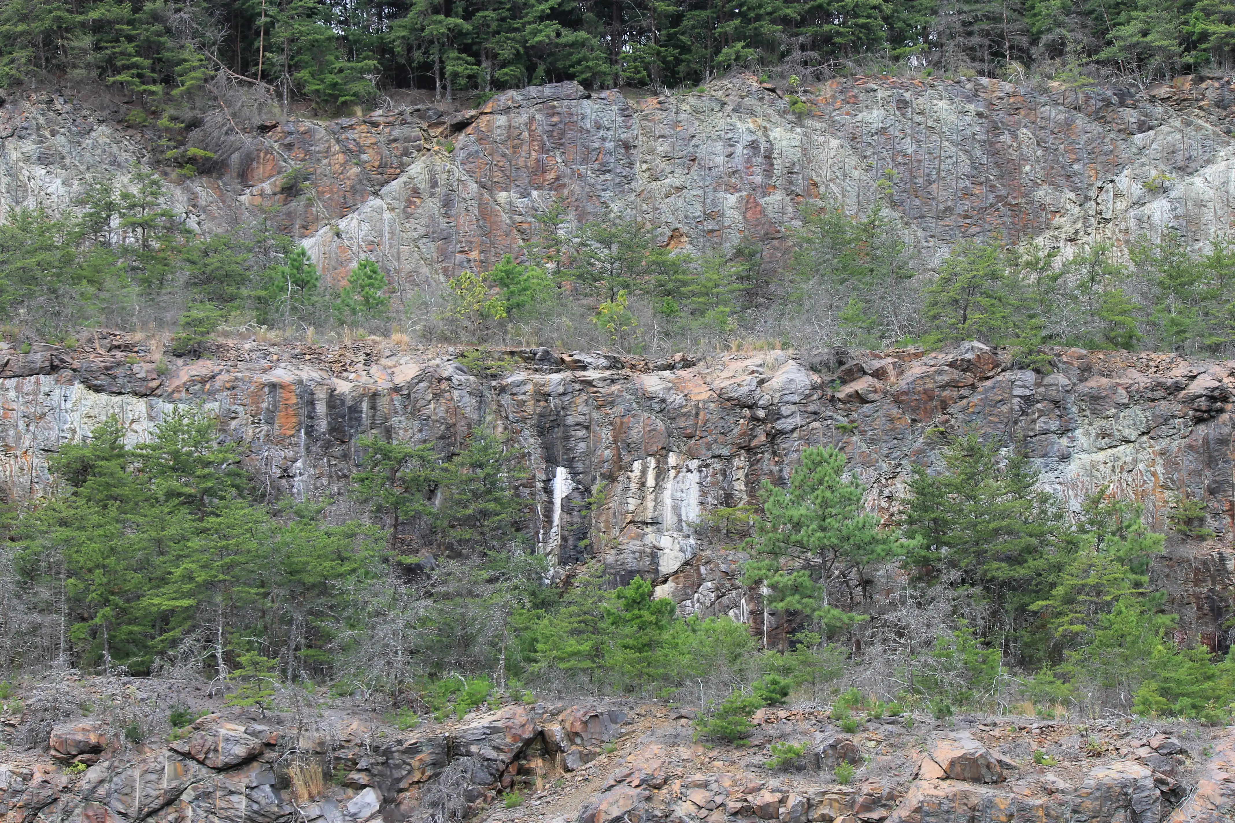 A tree covered tiered mountainside