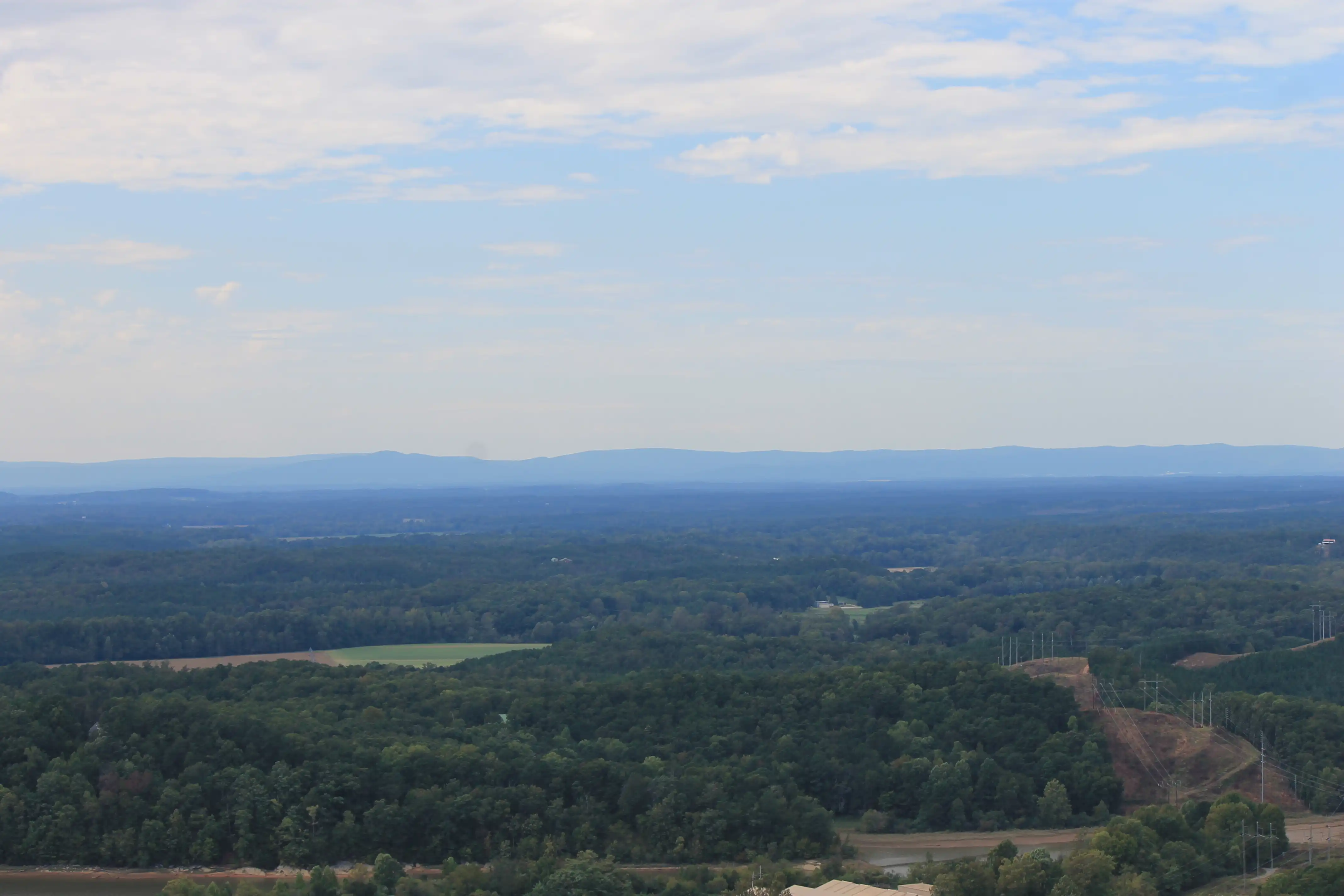 A forest shot from a high vantage point with a large mountain range far in the background